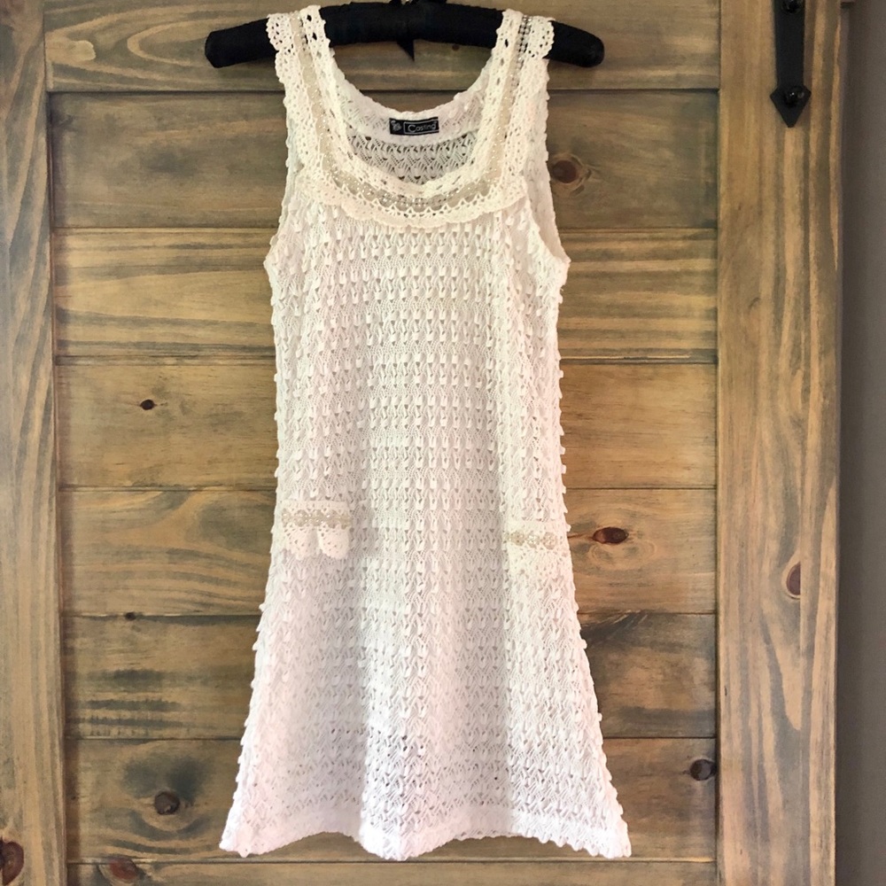 White Crochet Mini Dress with Scoop Neck
